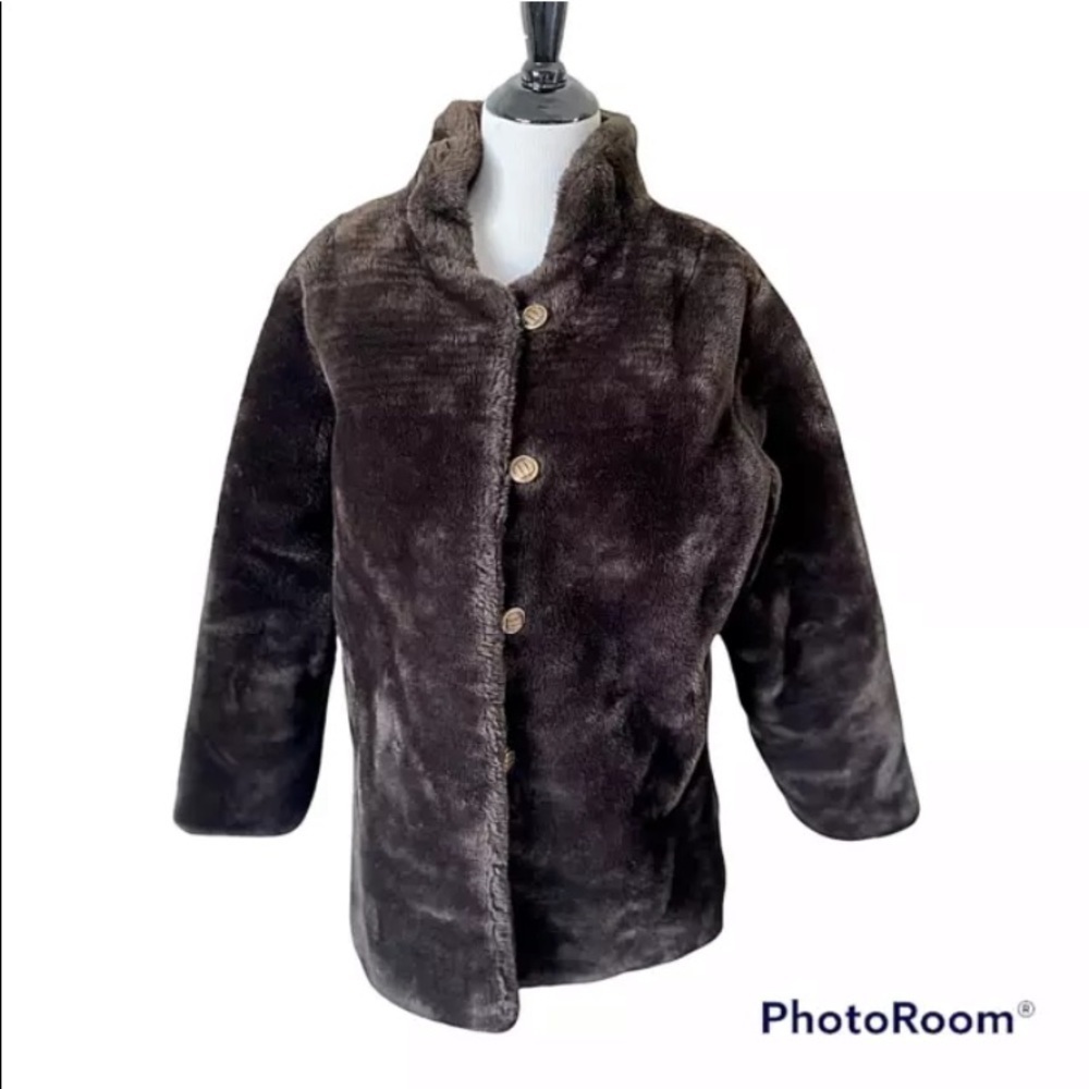 Womens Vintage Sz Large Coat Jacket Brown Plush Faux Fur Pile Teddy Button EUC